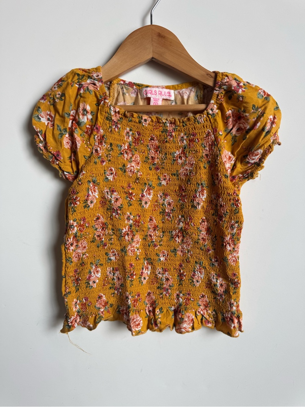 Girls' Mustard Floral Smocked Puff-Sleeve Top - Girls Rue